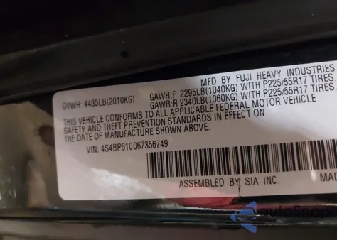 2006 Subaru Outback 2.5I from USA, damaged, VIN 4S4BP61C067356749